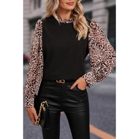 Black Contrast Leopard Print Lantern Sleeve Blouse - S thumbnail