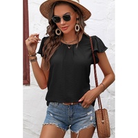 Black Solid Color Textured Pleated Flutter Sleeve Blouse - S thumbnail