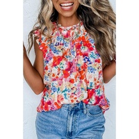 Red Frilled Neck Pleated Boho Floral Tank Top - L thumbnail