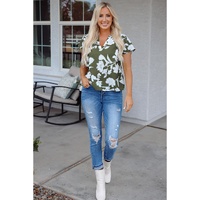 Green Floral Print Split Neck Short Sleeve Blouse - L thumbnail