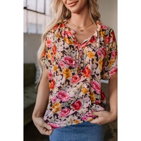 Pink Floral Print Crew Neck Short Sleeve Shift Blouse - L thumbnail
