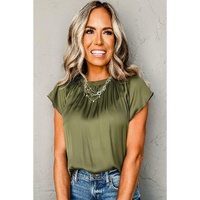 Jungle Green Pleated Flutter Sleeve Satin Top - S thumbnail