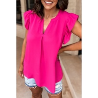 Rose Red Notched Neck Ruffle Sleeve Blouse - S thumbnail