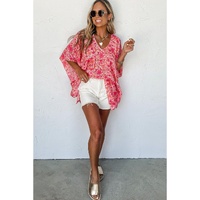Pink Boho Floral V Neck Kimono Style Blouse - L thumbnail