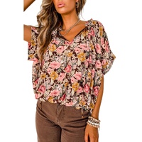 Pink Floral Print Bubble Hem Split Neck Blouse - L thumbnail