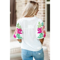White Floral Embroidered Puff Sleeve Notched Neck Blouse - M thumbnail