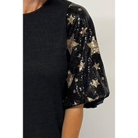 Black Star Sequin Splicing Half Sleeve Top - M thumbnail