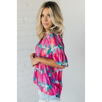Rose Abstract Brushwork Print Buttoned V Neck Blouse - L thumbnail