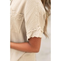 Parchment Crinkle Textured Frayed Trim Half Button Short Sleeve Top - L thumbnail