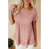 Pink Solid Short Sleeve Ruffle Hem Top - M thumbnail