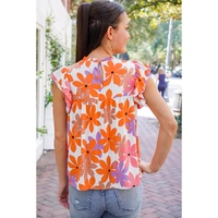 Orange Ruffled Sleeve Smocked Floral Top - L thumbnail