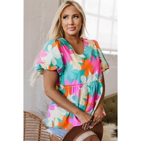 Pink Floral Print Bubble Sleeve V Neck Peplum Blouse - L thumbnail