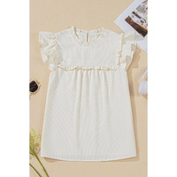 White Solid Color Ruffle Trim Waffle Knit Blouse - S thumbnail