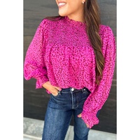Rose Leopard Shirred Puff Sleeve Flowy Blouse - L thumbnail