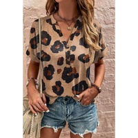 Light French Beige Leopard Folded Short Sleeve Buttoned V Neck Blouse - S thumbnail