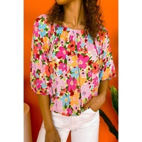 Red Floral Print Puff Sleeve Pleated Elastic Neckline Blouse - M thumbnail