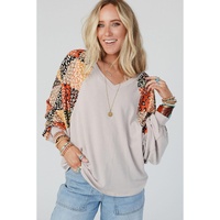 Parchment Contrast Printed Raglan Sleeves Patchwork V Neck Loose Top - L thumbnail