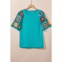Turquoise Floral Crochet Short Sleeve Top - S thumbnail