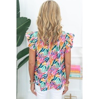 Rose Red Floral Print Ruffled Flutter Sleeve Blouse - L thumbnail