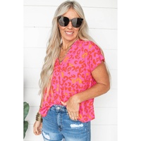 Azura Exchange Pink Leopard V Neck Short Sleeve Blouse - L thumbnail