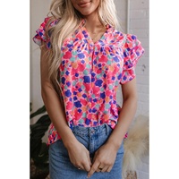 Rose Red Abstract Print Ruffled Sleeve V Neck Blouse - L thumbnail