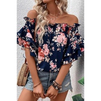 Blue Ruffle Off Shoulder Flounce Sleeve Floral Blouse - M thumbnail