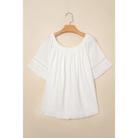 White Frilly Off Shoulder Lace Insert Sleeve Textured Blouse - M thumbnail