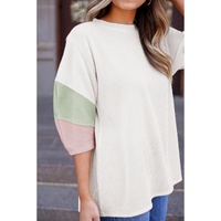 White Color Block Ribbed Knit Quarter Sleeve Top - L thumbnail