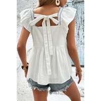 White Embroidered Bust Square Neck Peplum Blouse - L thumbnail