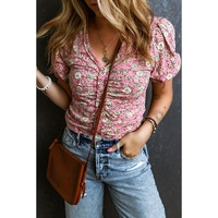Pink Floral Short Puff Sleeve V Neck Ruched Blouse - L thumbnail