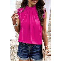 Bright Pink Pleated Mock Neck Frilled Trim Sleeveless Top - L thumbnail