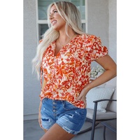 Orange Floral Print Ruffled Short Puff Sleeve Split Neck Blouse - 2XL thumbnail