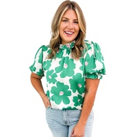 Green Floral Puff Sleeve Frill Neckline Blouse - L thumbnail