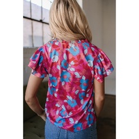 Rose Red Ruffled Sleeve Floral Blouse - L thumbnail