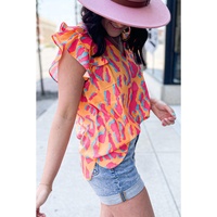 Orange Abstract Print V Neck Ruffled Sleeve Blouse - L thumbnail