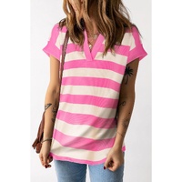 Pink Stripe V Neck Collared Cap Sleeve Top - L thumbnail
