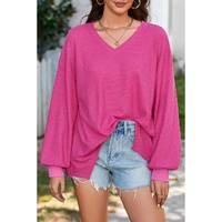 Bright Pink Waffle V Neck Long Sleeve Drop Shoulder Loose Blouse - L thumbnail