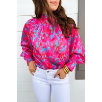Purple Printed Bubble Sleeve Mock Neck Blouse - L thumbnail