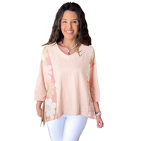 Pink Flower Patchwork Exposed Seam Oversized High Low Top - L thumbnail