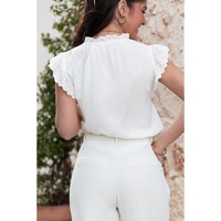 White Embroidered Ruffle Trim Textured Blouse - S thumbnail