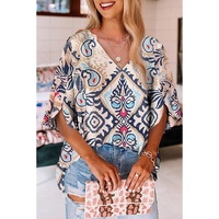 White Abstract Printed Notched V Neck Split Half Sleeve Blouse - L thumbnail