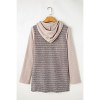 Gray Textured Knit Colorblock Striped Henley Hooded Top - S thumbnail