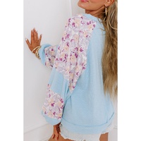 Beau Blue Textured Floral Patchwork Balloon Sleeve Blouse - L thumbnail