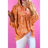 Orange Abstract Print Collared V Neck Babydoll Blouse - M thumbnail