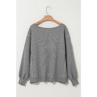 Gray Waffle knit Bishop Sleeve Split Oversized Top - XL thumbnail