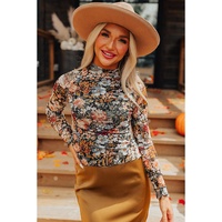 Brown Floral Long Sleeve High Neck Sheath Mesh Blouse - M thumbnail