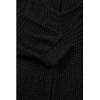 Black Waffle Knit Side Slits Loose Fit V Neck Top - M thumbnail