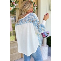 White Abstract Floral Patchwork Batwing Sleeve V Neck Blouse - M thumbnail