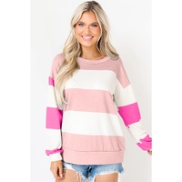 Light Pink Colorblock Striped Drop Shoulder Long Sleeve Top - L thumbnail