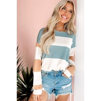 Light Blue Colorblock Striped Drop Shoulder Long Sleeve Top - L thumbnail